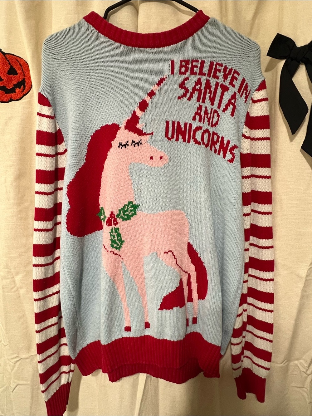 Light Blue & Pink Unicorn Holiday Sweater - I Believe in Santa and Unicorns